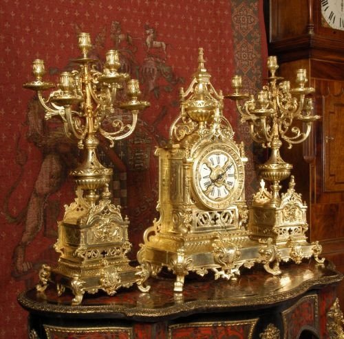 Massive Gilt Brass Gothic Clock Set ~ Antique French - Circa 1880 ~